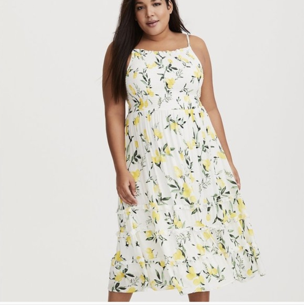 Torrid Lemon Print Smocked Sleeveless Midi Dress